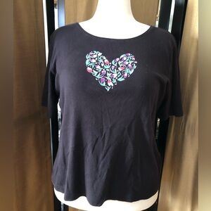 Heart Embellished Rhinestone & Floral Design Short Sleeve Tee